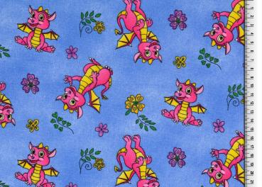 Organic Cotton Baumwolle Kleiner Drache Pink auf Blau
